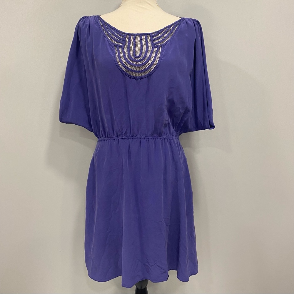 VTG Bebe M Blue Silk Blouson Mini Cocktail Dress Eyelet Resort Cruise Party*